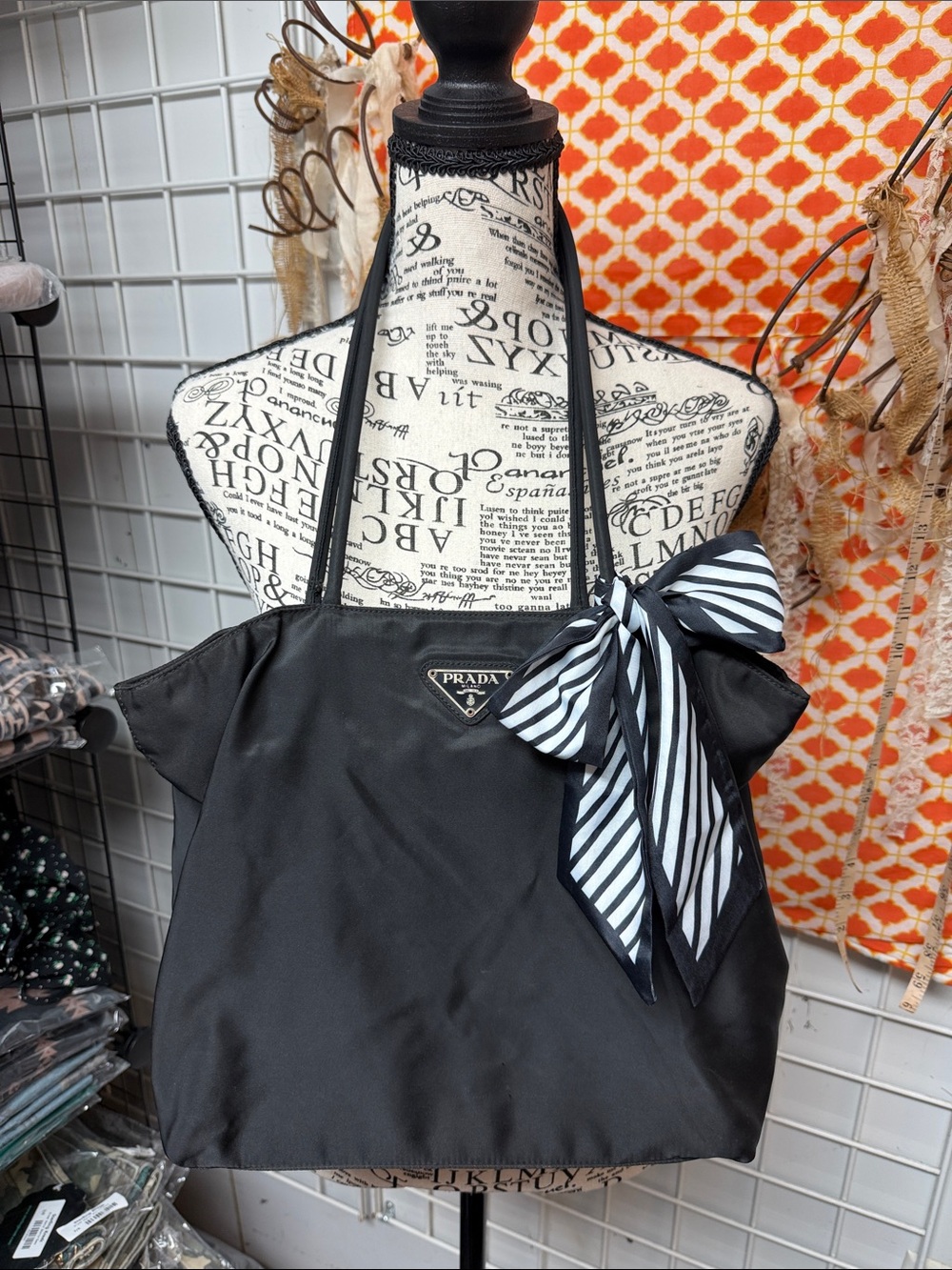 Prada Black Nylon Tote with Black-and-White Striped Bow